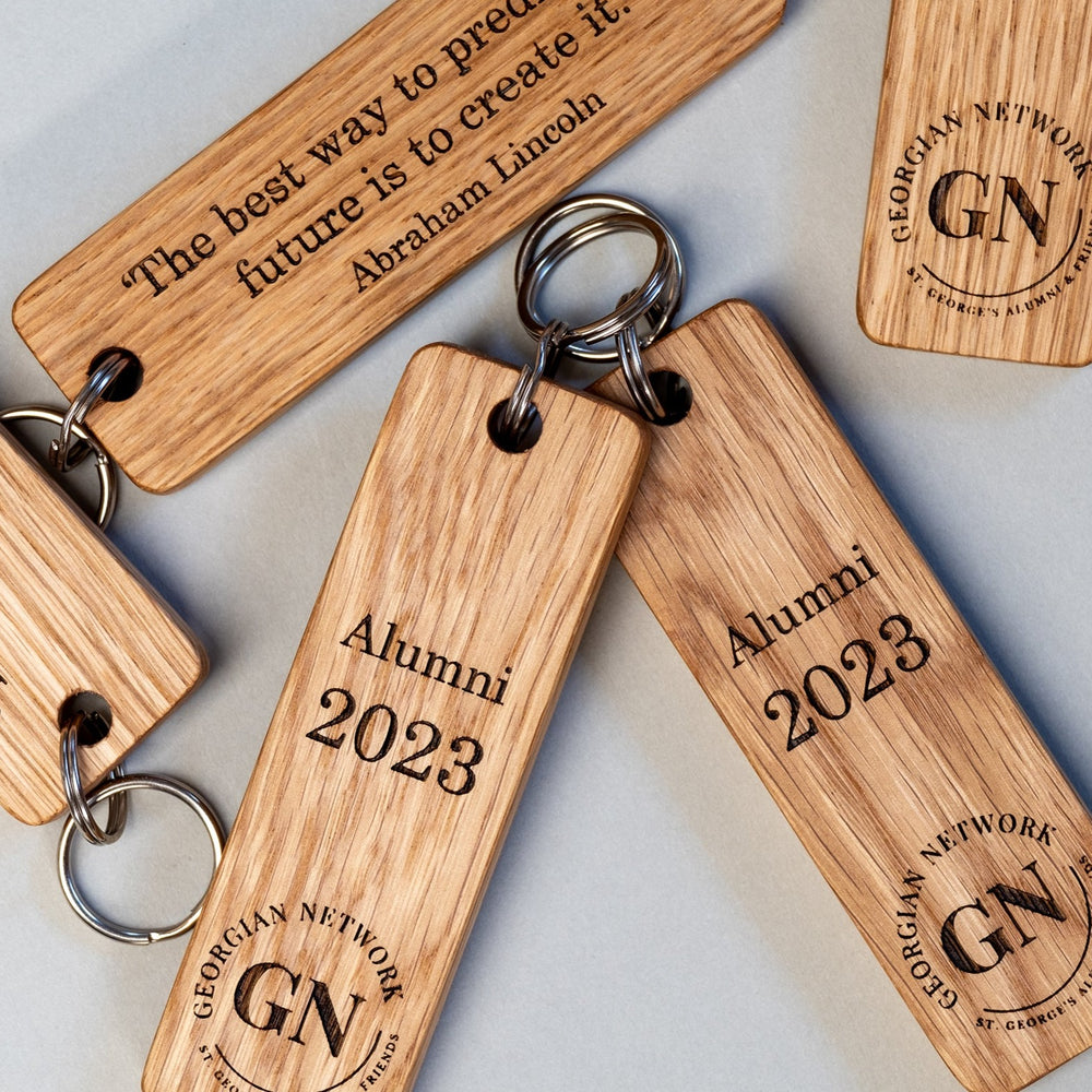 Engraved wooden keyring for School Leavers Class